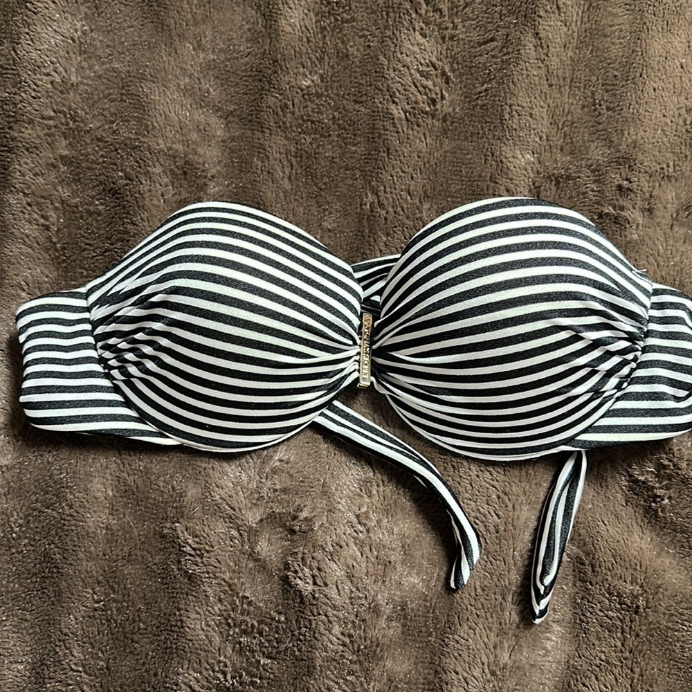 VICTORIAS SECRET Black/ White Stripe Bandeau Swim Top Sz 32B